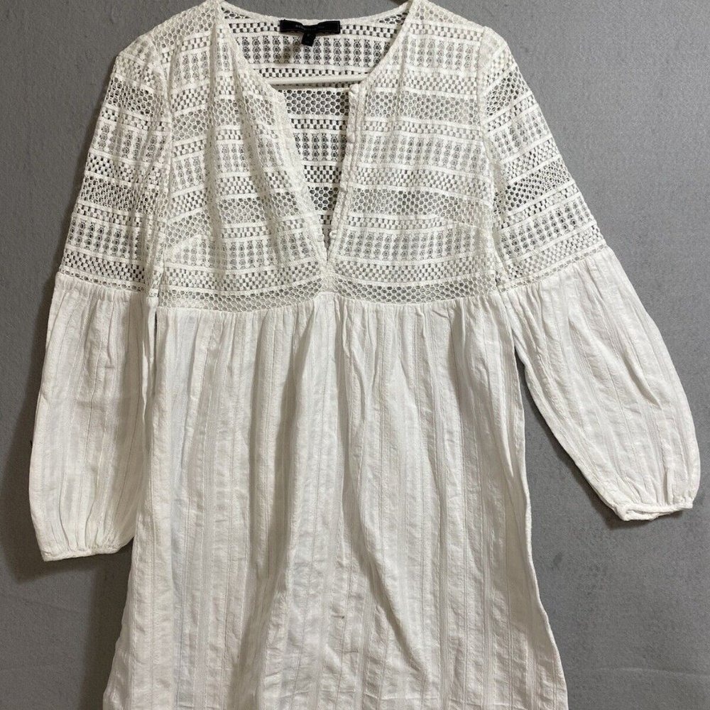 BCBGMAXAZRIA White Lace Tunic Top Bohemian Blouse V Neck Long Sleeve‎ Size S